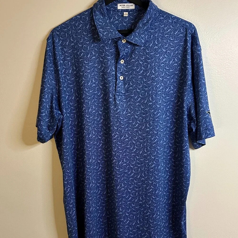 Peter Millar Summer Comfort Blue Shark Print Golf Polo Shirt Mens Large - Picture 1 of 5